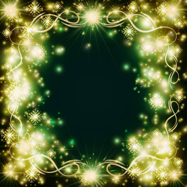 fényes arany keret a háttérben a hópelyhek a design egy képeslap. Ragyogó háttér dekoráció egy minta és villanások a fény - Vektor, kép