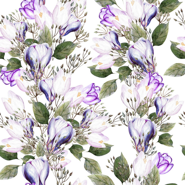 Watercolor wedding pattern with tulip and crocus flowers.  - Photo, Image