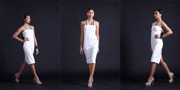 Όμορφη ασιατική 20s μακριά μαλλιά μαυρισμένο δέρμα λεπτή γυναίκα σε λευκό φόρεμα φούστα, πολλές δράσεις θέτει το περπάτημα. Πλήρες σώμα μήκος πορτρέτο απομονωμένο μαύρο φόντο αντίγραφο χώρου, πακέτο ομάδα κολάζ - Φωτογραφία, εικόνα