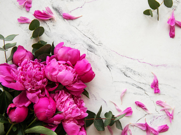 Plochá ležela kompozice s růžovými pivoňkovými květy na mramorovém podkladu - Fotografie, Obrázek