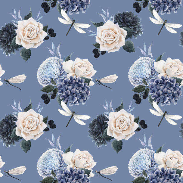 Beautiful seamless floral pattern with watercolor blue flowers, white roses and dragonflies . Stock illustration. - Фото, изображение