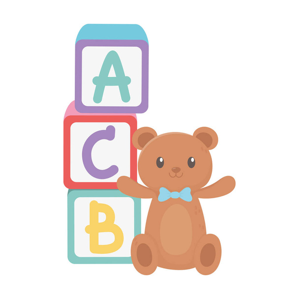 kids zone, alphabet blocks teddy bear and cartoon toys - Vector, Image