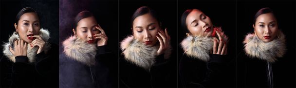 Red Glitter Lipstick op Aziatische mooie vrouw met mode make-up zwart haar, hoofd shot studio donkere achtergrond laag licht belichting portret. Concept luxe om deel te nemen aan sociale nacht evenement, collage groep - Foto, afbeelding