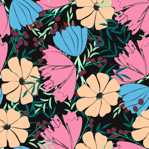 seamless pattern On black background. of flowers, berries, leaves and twigs of fantasy plants. Wild field flowers. Vector illustration - Wektor, obraz