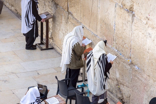 Jerusalem, Israel - 15.04.2015. Orthodox Jewish men pray at western wall in the morning - 写真・画像