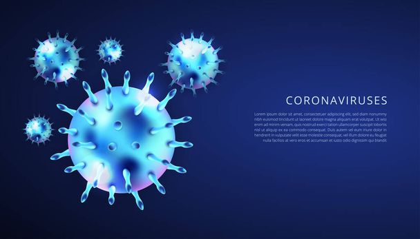 Коронавіруси 3d реалістичний вектор на темно-синьому фоні. Корона вірусна клітина, хвороба вірусу Уханя. Ідеально підходить для інформації про банер, флаєр, плакат тощо. Векторні ілюстрації eps10
 - Вектор, зображення