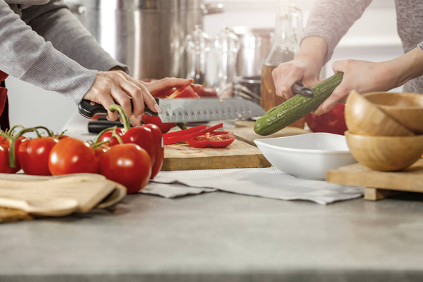Cooking, baking and preparing meals and dishes in the kitchen. Table background with kitchen tools and equipment and food products. - Valokuva, kuva