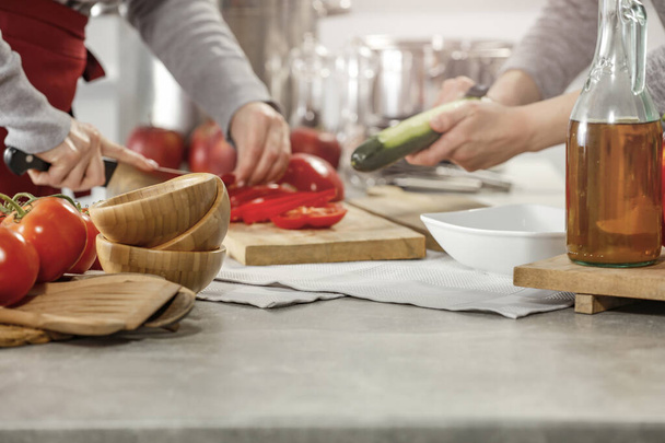 Cooking, baking and preparing meals and dishes in the kitchen. Table background with kitchen tools and equipment and food products. - Foto, Bild