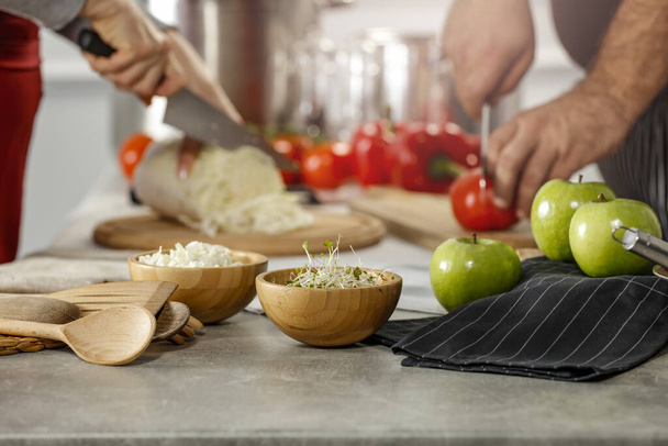 Cooking, baking and preparing meals and dishes in the kitchen. Table background with kitchen tools and equipment and food products. - Fotoğraf, Görsel