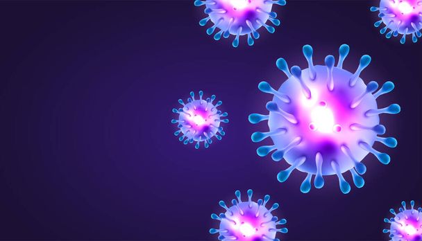 Coronaviruses 3d ρεαλιστικό διάνυσμα σε σκούρο μωβ φόντο με κενό χώρο αντίγραφο. Κύτταρο του ιού Κορόνα, νόσος του ιού Γουάν. Ιδανικό για πληροφορίες banner, φυλλάδιο, αφίσα, κλπ. Εικονογράφηση διανύσματος eps10 - Διάνυσμα, εικόνα
