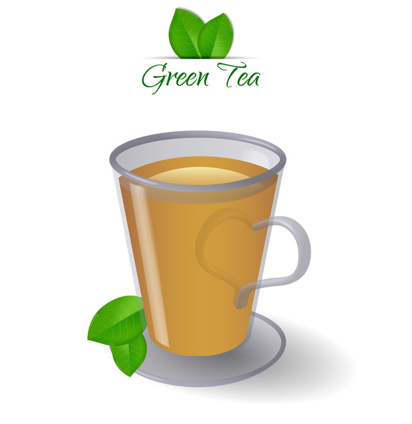 Green tea glass cup and green leaves. - Vector, Image