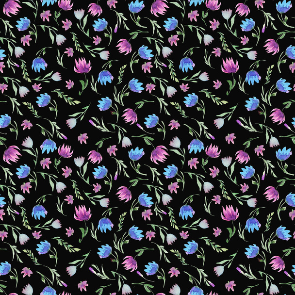 Watercolor pattern blue and purple flowers on black background illustration - Zdjęcie, obraz