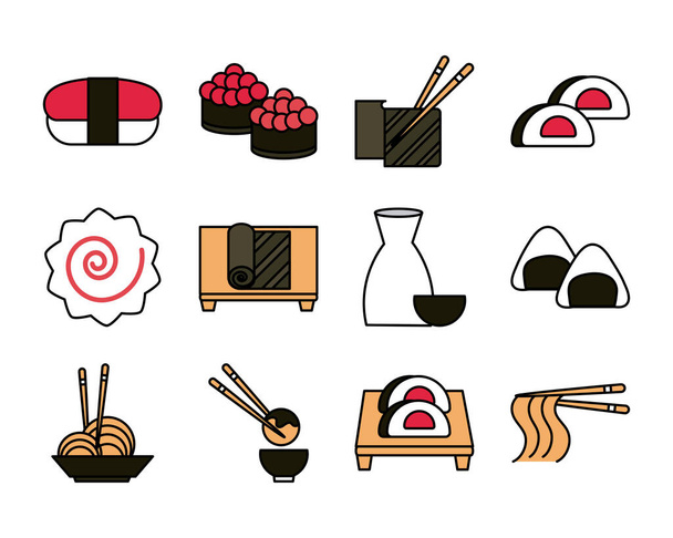 sushi oriental menu ícones definir linha e ícone de estilo de preenchimento
 - Vetor, Imagem