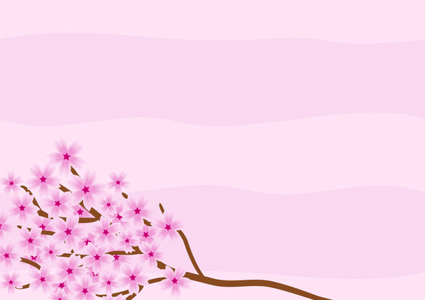 Sakura branch on a pale pink background. A brown branch strewn with pink flowers. An isolated flowering tree to shape the theme of flowering, spring, beauty and Japan. Vector illustration - Vettoriali, immagini