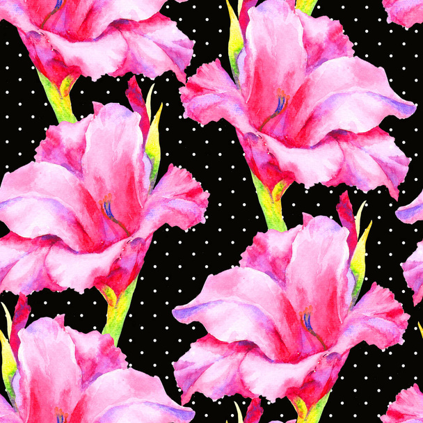Watercolor hand paint pink bud of gladiolus, lily seamless pattern, template for textile, wallpaper, wrapping paper. - Фото, изображение