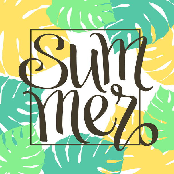 Summer, hand paint vector lettering on a  abstract tropical palm leaves frame, summer design, banner, typography poster. - Vektör, Görsel