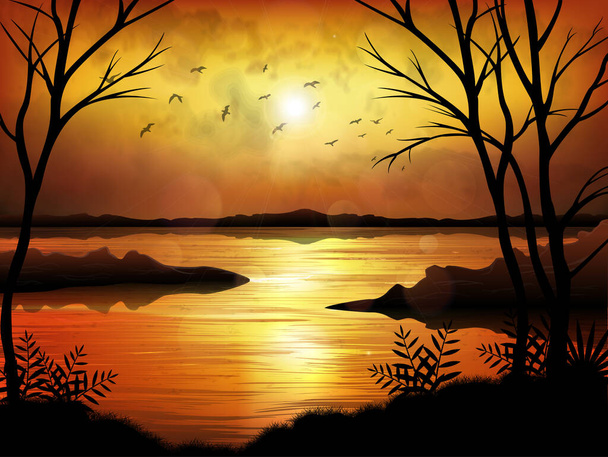 Pôr do sol tropical ou nascer do sol com fundo do lago
 - Vetor, Imagem