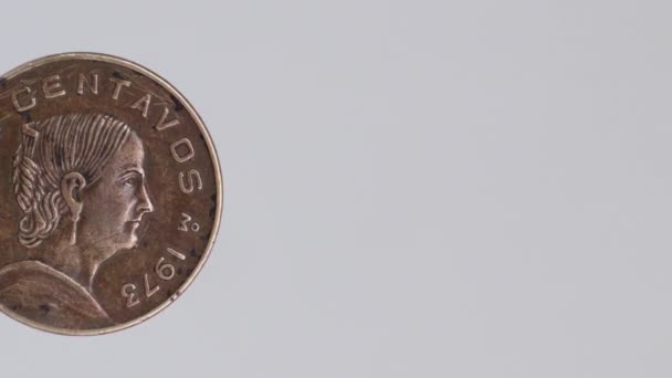 Старая мексиканская монета 1973 года с героем Фелипе Ортисом де Домингесом - Кадры, видео
