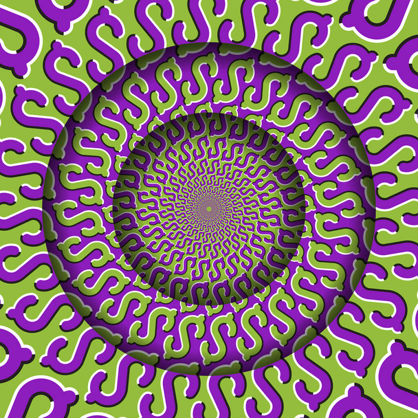 Abstract rond frame met een bewegend groen paars dollarteken patroon. Optische illusie hypnotische decoratie. - Vector, afbeelding