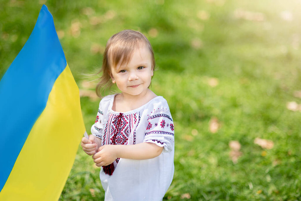 little girl in traditional embroidery carrying fluttering blue and yellow flag of Ukraine in field, Ukraine Independence Day and Constitution Day concept - Fotó, kép