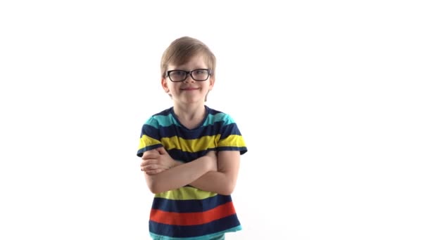 stúdió portré egy fehér hátterű fiúról. első osztályos szemüveggel - Felvétel, videó