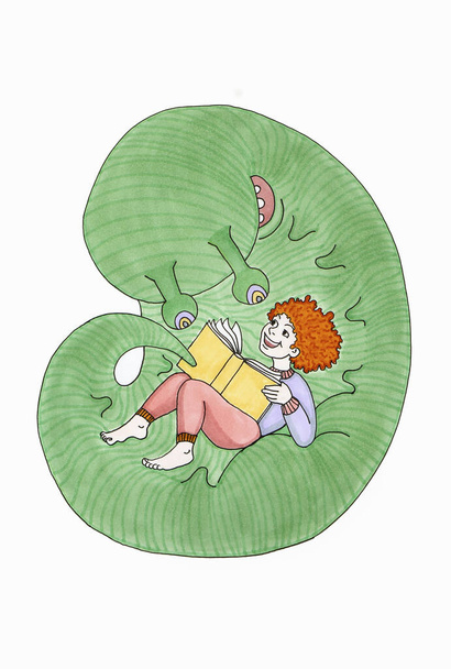 Illustration of a funny fantastic creature with a child who is reading a book. - Foto, Imagen