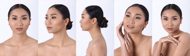 適用後のアジアの女性は、ラップヘアスタイルを構成します。レタッチなしにきび傷のある新鮮な顔。スタジオ照明白地 - 写真・画像