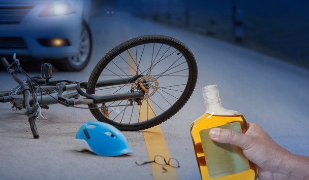 Drunk driving crashes , Accident car crash with bicycle on road at night time. - Photo, Image