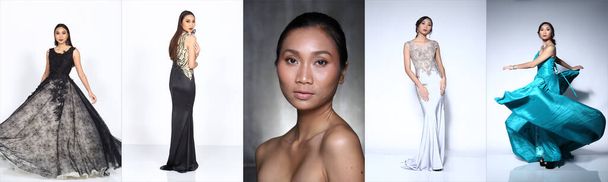コラージュグループ20代のアジア女性の肖像画は、医師、カジュアル、ガウン、夜、フル長さ、隔離されたスタジオ照明長い髪に多くのドレスとエクスプレス感ポーズを身に着けています - 写真・画像
