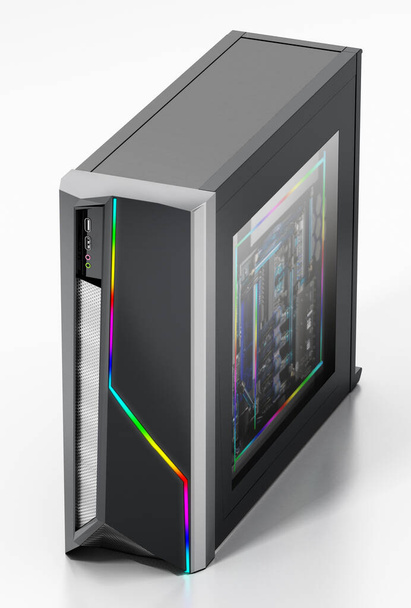 Modern PC case with RGB LED lights. 3D illustration. - Foto, Imagem