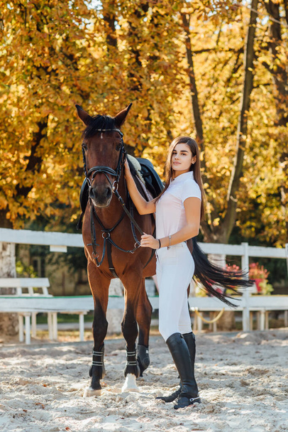 Beautiful girl with her horse walking together in autumn forest. - 写真・画像