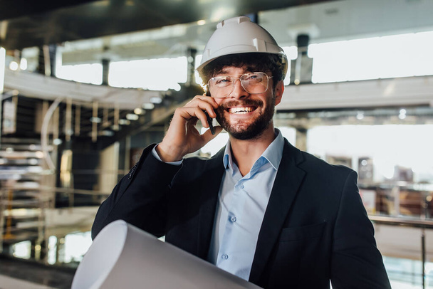 Designer,logistic, business, export and people concept - happy man or manager with phone. - Fotoğraf, Görsel