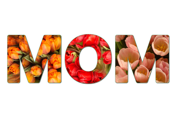 листи МОМ, вирізані з різних тюльпанів червоним, помаранчевим і рожевим на день матері
 - Фото, зображення