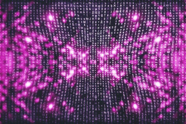 Pink matrix digital background. Abstract cyberspace concept. Characters fall down. Matrix from symbols stream. Virtual reality design. Complex algorithm data hacking. Pink digital sparks. - Photo, Image