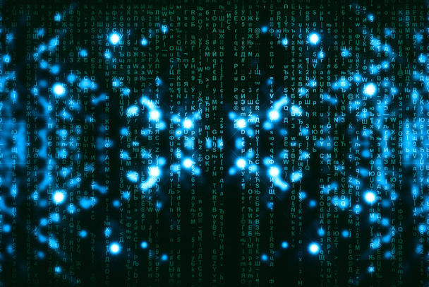 Niebieska zielona matryca tło cyfrowe. Abstrakcyjna koncepcja cyberprzestrzeni. Zielone postacie opadają. Macierz ze strumienia symboli. Projektowanie wirtualnej rzeczywistości. Skomplikowane dane algorytmu hacking. Iskry cyfrowe cyjan. - Zdjęcie, obraz