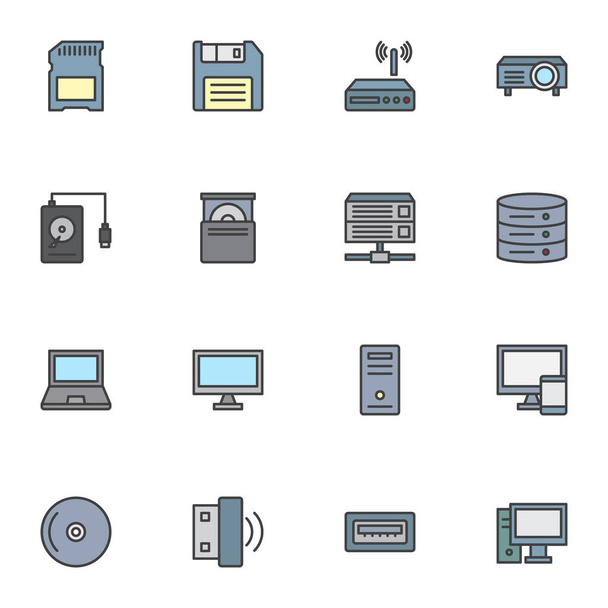 Computer components filled outline icons set, line vector symbol collection, Computer device linear colorful pictogram pack. Signs, logo illustration, Set includes icons usb flash drive, data storage  - Vector, Image
