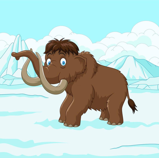 Cartoon Woolly Mammoth walking through a snowy field - Vector, afbeelding