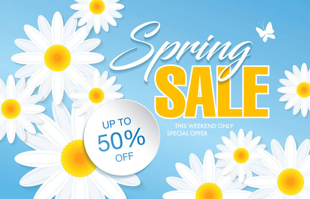 Summer sale poster with white daisies on blue background - Vector, Image