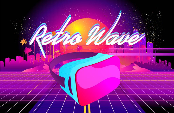 Futuristic horizontal banner virtual reality, with VR glasses, in cyberspace Yellow and pink landscape game 80s. Futuristic synth wave, retrowave style - ベクター画像