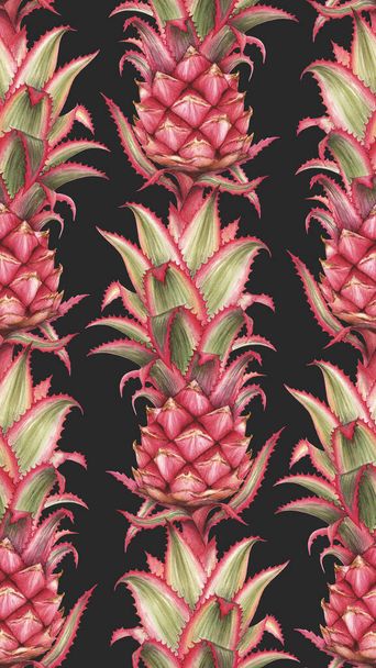 Piros ananász zökkenőmentes minta. Szaftos trópusi gyümölcs akvarell háttér. Trendi nyári minta. Rózsaszín ananász hagyományos rajz háttér. Nyári hawaii gyümölcs zökkenőmentes minta. - Fotó, kép