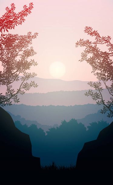 Natuurlijke bos bergen horizon heuvels silhouetten van bomen. Avond zonsopgang en zonsondergang. Landschap behang. Illustratie vector stijl. Kleurrijke achtergrond. - Vector, afbeelding
