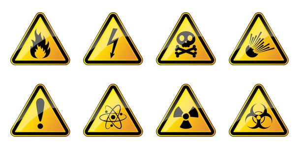 Eine Reihe von Gefahrensymbolen. Vektor-Reihe von Warnsignalen. Set von dreieckigen Warnschildern. Vektorillustration. - Vektor, Bild