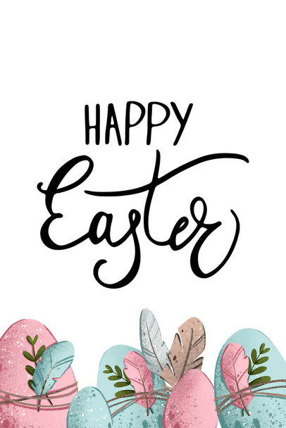 Ilustración digital de un lindo color huevos y tinta con la inscripción feliz Pascua escrito a mano. Impresión para tarjetas, banners, invitaciones, telas, papel de regalo, diseño web
. - Foto, imagen