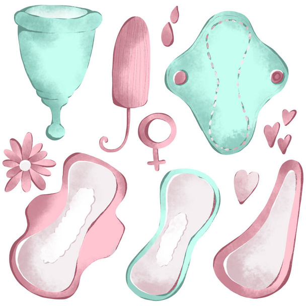 Digitale Illustration eines niedlichen Sets femininer Hygieneartikel im Menstruationszyklus. Menstruationskissen vorhanden. Druck für Aufkleber, Symbole, Verpackungen isoliert auf weißem Hintergrund. - Foto, Bild