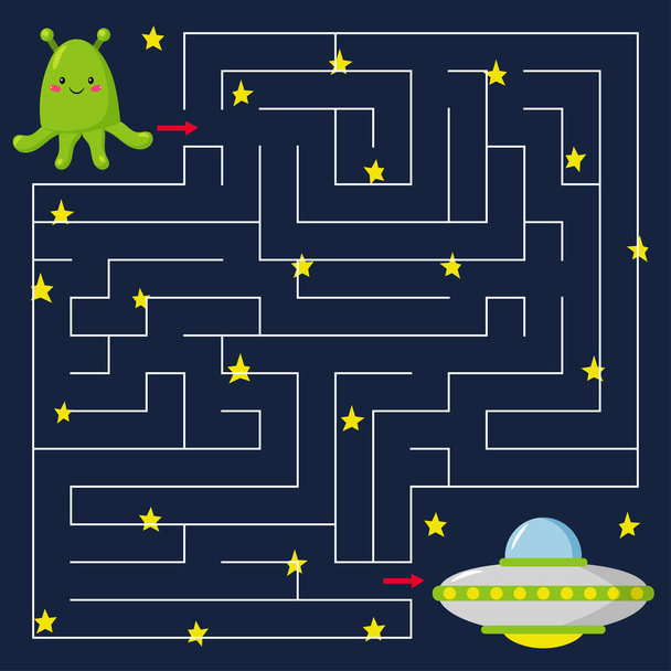 Maze-Spiel für Kinder. Hilf dem Außerirdischen, den Weg zum Ufo zu finden. Offener Raum mit Sternen. Cartoon-Stil. Vektorillustration. - Vektor, Bild