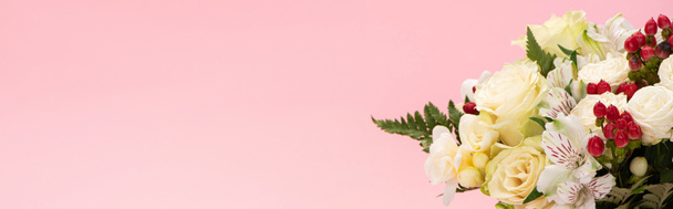 panoramic shot of bouquet of flowers isolated on pink - Fotó, kép