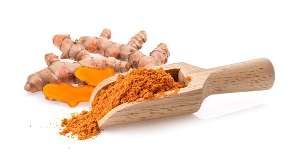 turmeric powder in wood scoop  isolated on white background - Photo, Image