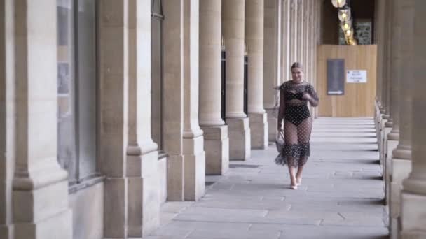 Girl in sexy extravagant dress and black underwear walking near the Louvre museum in Paris, Franc. Action. Amazing plus size model posing in front of the camera. - Záběry, video