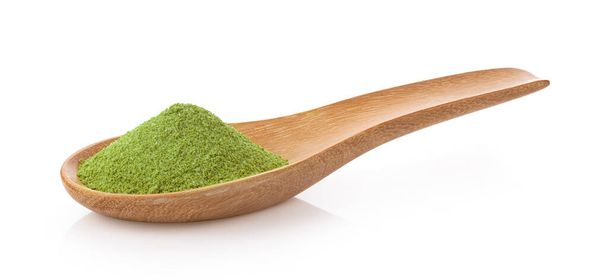 instant matcha green tea in wood spoon on white background - Photo, Image