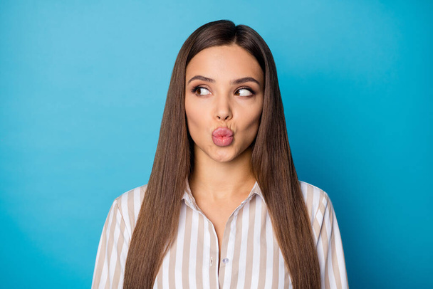 Close up photo of pretty lovely charming girl look copyspace want date on 14-february holiday send air kisses to guys wear modern student style clothes isolated over blue color background - Valokuva, kuva